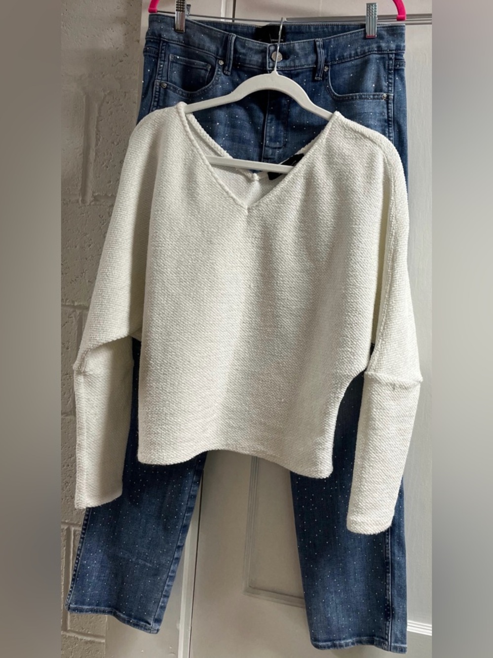 2 pc White House Black Market sz12 Blue Jeans with Silver Stud Accents and top M